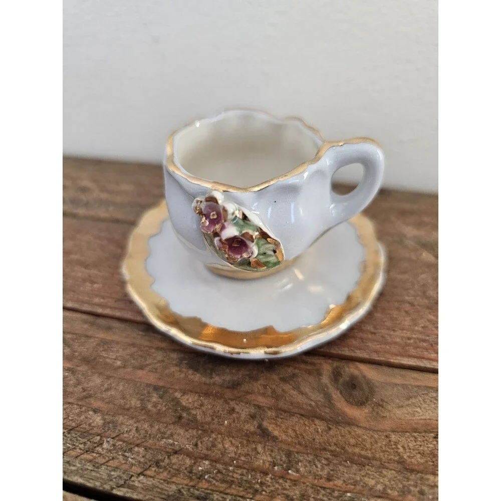 Vintage Miniature Light Gray Cup And Saucer Raised Flower Design